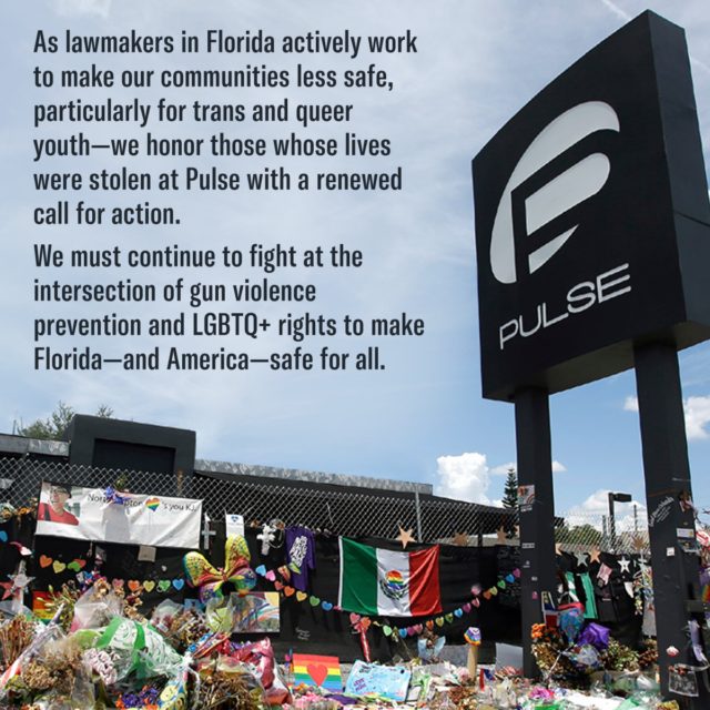 Social media graphic with text and a photo of the Pulse memorial