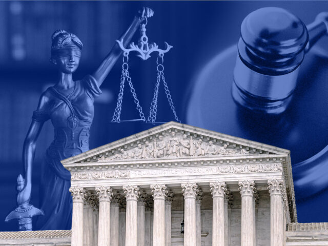 A small statue figurine holding scales, a court mallet, and the exterior of the U.S. Senate