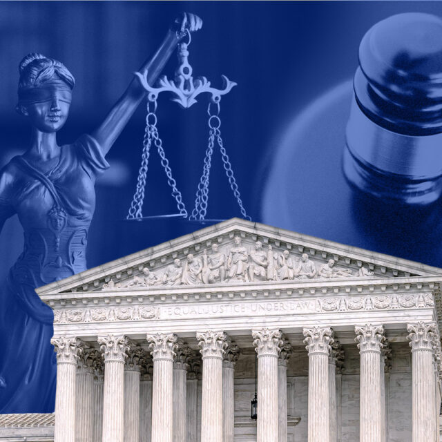 A small statue figurine holding scales, a court mallet, and the exterior of the U.S. Senate