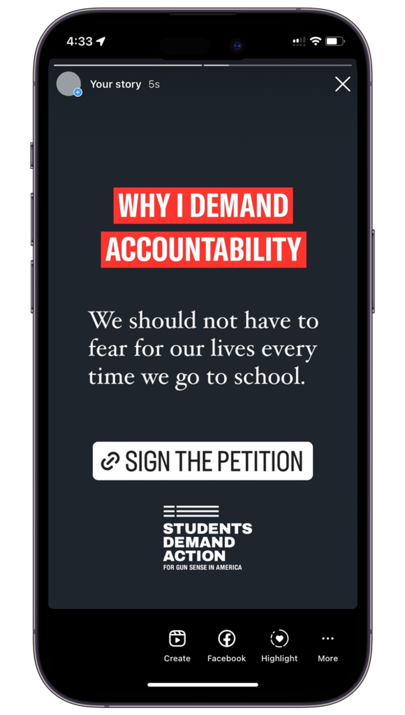 Preview of Instagram story: Why I demand accountability. We should not have to fear for our lives every time we go to school. Sign the Petition