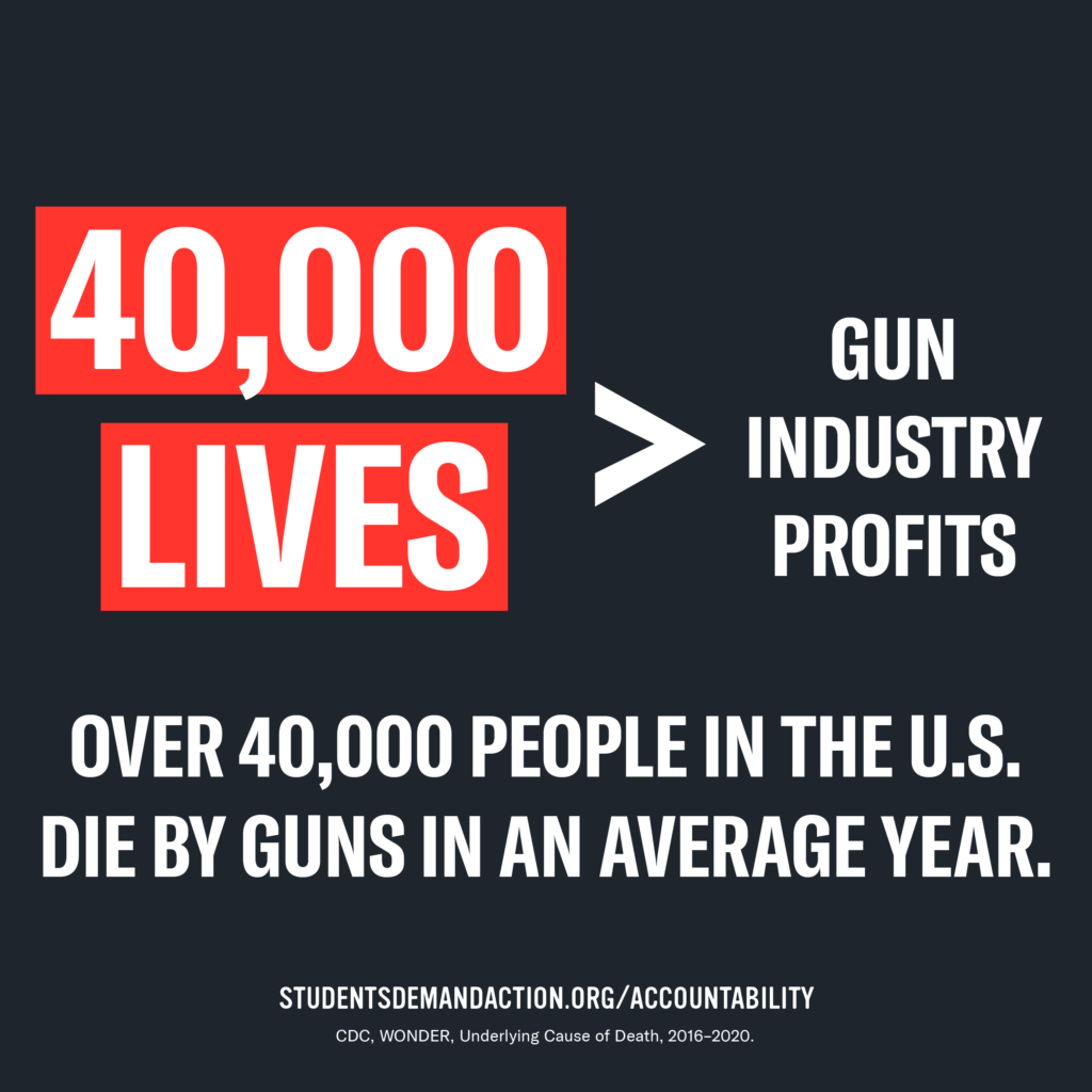 40,000 lives > gun industry profits. Over 40,000 people in the U.S. die by guns in an average year.