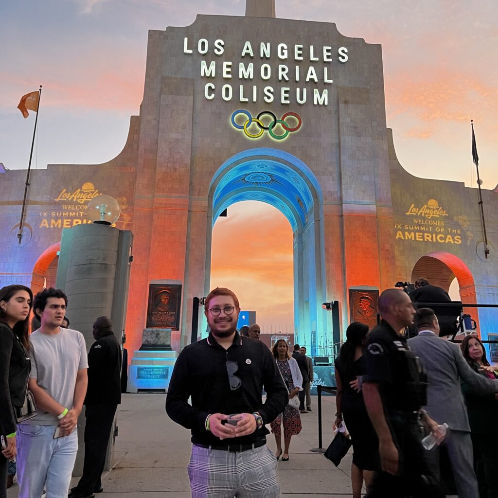 Daniel Hernandez in front of the Los Angeles Memorial Coliseum