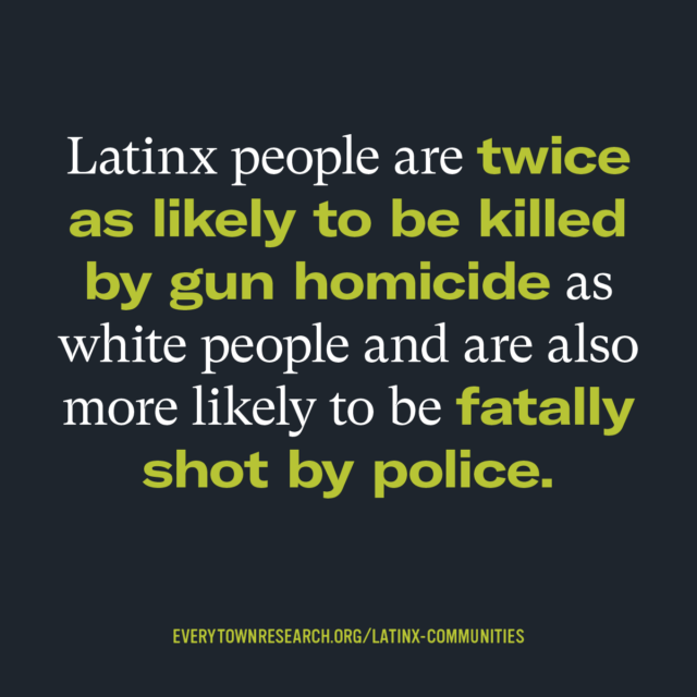Latinx people are twice as likely to be killed by gun homicide as white people and are also more likely to be fatally shot by police.
