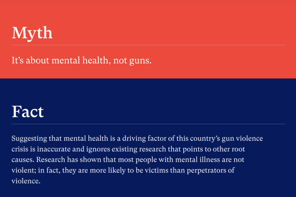 Myth: It's about mental health, not guns. Fact: Suggesting that mental health is a driving factor of this country's gun violence crisis is inaccurate and ignores existing research that points to other root causes. Research has shown that most people with mental illness are not violent; in fact, they are more likely to be victims than perpetrators of violence.