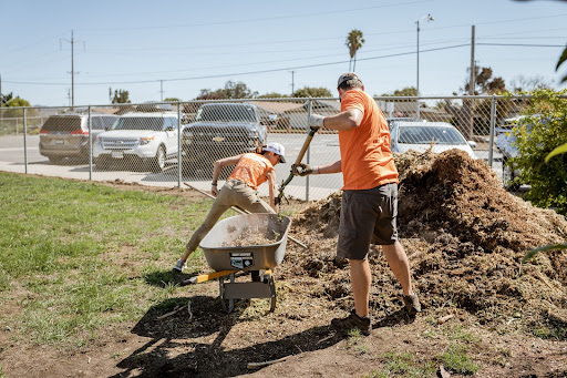 Two volunteers, facing a parking lot and turned away from the camera, shovel shift into a wheelbarrow. 