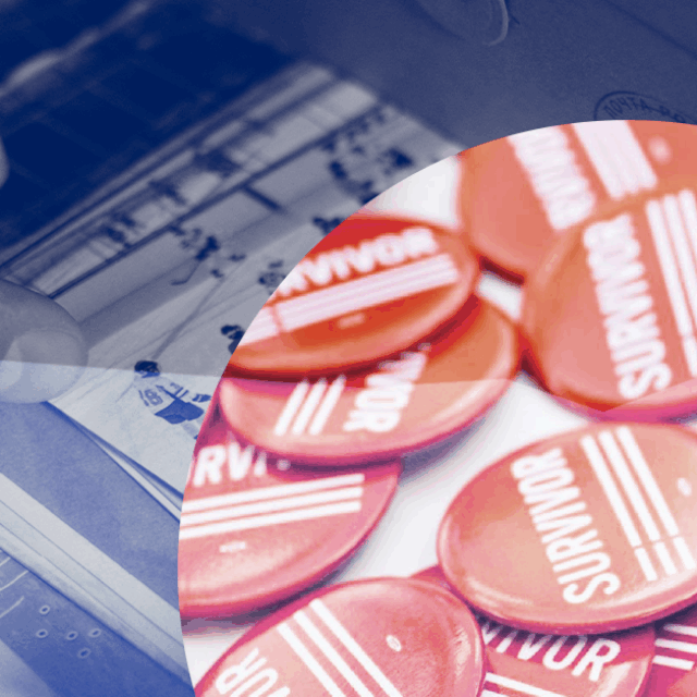 A monochromatic blue-shaded image of a hand is superimposed behind a circle of in-color orange buttons that read 