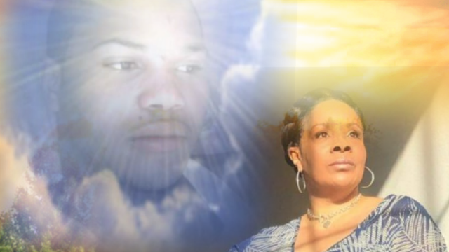 Tameco Brewster, the founder of the Movement of Mourning Mother's Association (M.O.M.M.A.) poses for a photo. She has a serious expression and is looking off-camera; she is wearing a flowy blue dress. A photo of her son, who was killed in 2011, is superimposed in the background of her picture with angelic rays of light around his photo.