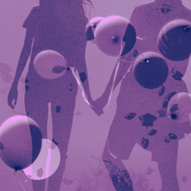 A graphic for Teen Dating Violence Awareness Month. The silhouette of two people holding hands with their backs to the viewer is overlaid with balloons.