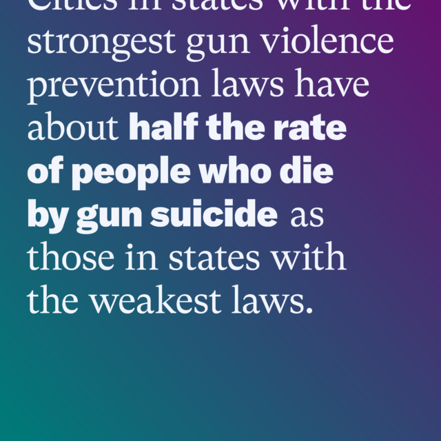 Cities in states with the strongest gun violence prevention laws have about half the rate of people who die by gun suicide as those in states with the weakest laws. Source: EverytownResearch.org/Gun-Suicide-in-Cities